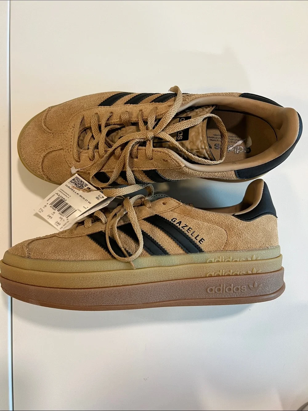 Adidas - Gazelle Platform Suede Sneakers - Tan with Black Accents, 7.5